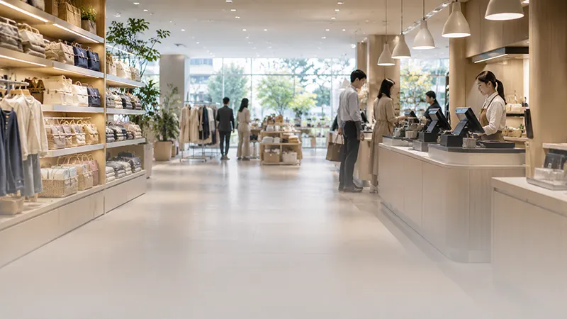明るい店舗の商品棚とレジ