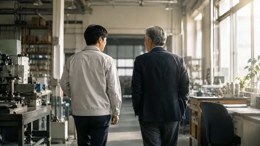工場で語り合う先代経営者と後継世代