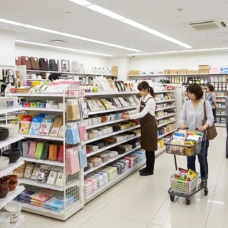 100円ショップの多種多様な商品が並ぶ明るい店内の様子。M&Aや会社売却を検討する経営者のための事業承継イメージ。