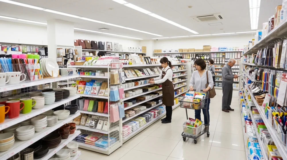 100円ショップの多種多様な商品が並ぶ明るい店内の様子。M&Aや会社売却を検討する経営者のための事業承継イメージ。