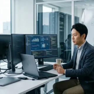 AIソフト業界のM&A・会社売却を検討する経営者が、最新のAI開発環境で働く様子を表現した画像