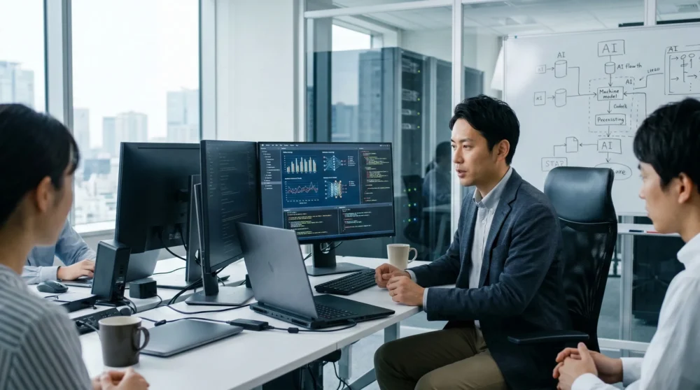 AIソフト業界のM&A・会社売却を検討する経営者が、最新のAI開発環境で働く様子を表現した画像