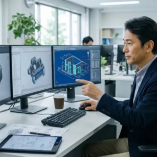 CADソフト開発会社のM&A・会社売却に向けて、エンジニアがデスクで設計作業を行うオフィス風景。