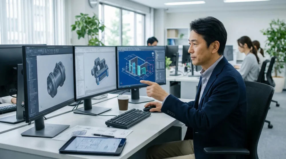 CADソフト開発会社のM&A・会社売却に向けて、エンジニアがデスクで設計作業を行うオフィス風景。