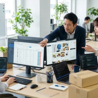 ECサイト構築会社のM&A、会社売却を検討する経営者へ、事業承継のイメージを伝えるオフィスでの開発・運用風景の写真です。