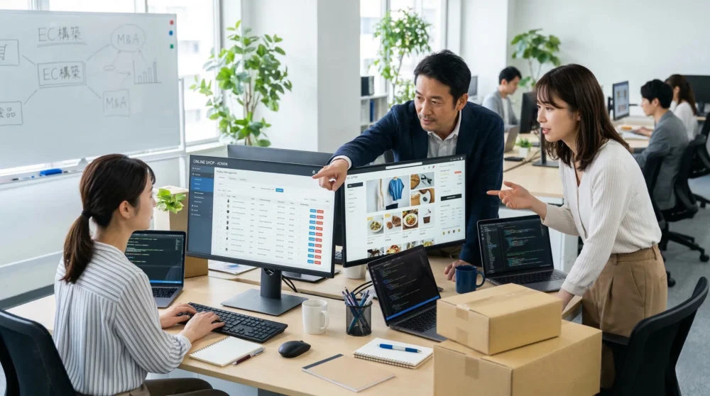 ECサイト構築会社のM&A、会社売却を検討する経営者へ、事業承継のイメージを伝えるオフィスでの開発・運用風景の写真です。