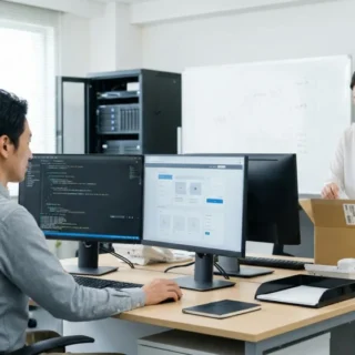 ECとWebソフト開発の事業承継。オフィスで働くエンジニアと梱包された商品。M&Aや会社売却のイメージ。