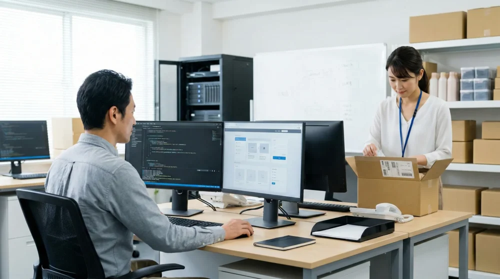 ECとWebソフト開発の事業承継。オフィスで働くエンジニアと梱包された商品。M&Aや会社売却のイメージ。