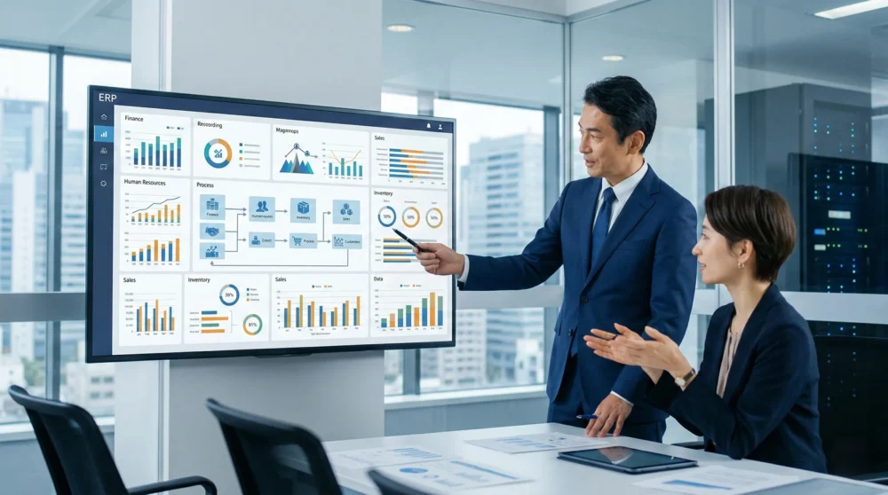 ERPソフト業界のM&A・会社売却で経営効率化を推進するERPシステムのダッシュボードとIT専門家の写真