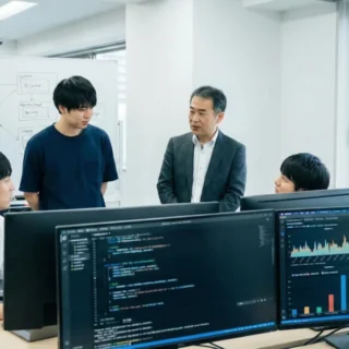 IT・ソフトウェア開発会社のM&A・会社売却。技術と経営を引き継ぐオフィスでの戦略会議の様子を表す写真。