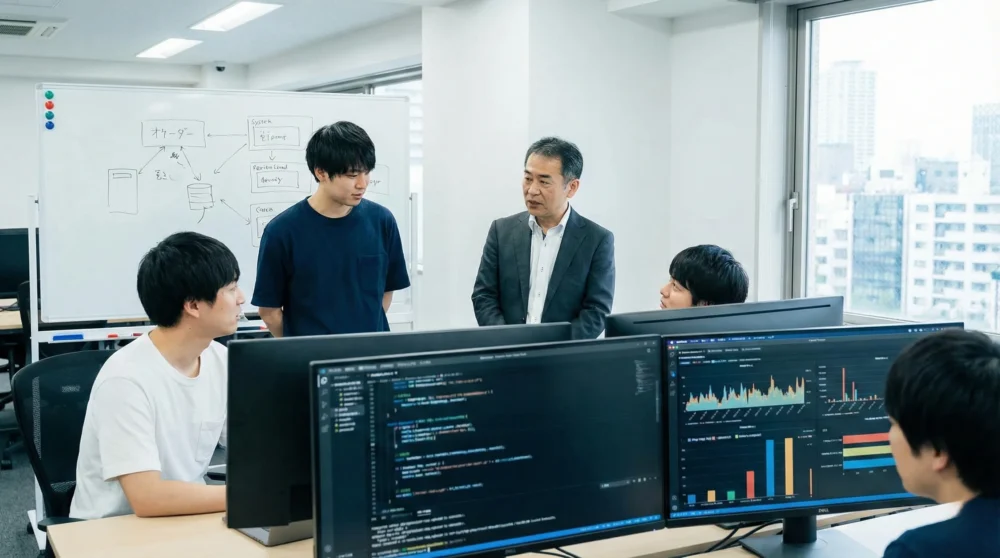 IT・ソフトウェア開発会社のM&A・会社売却。技術と経営を引き継ぐオフィスでの戦略会議の様子を表す写真。