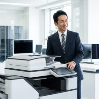 OA機器販売のM&Aや会社売却で事業承継を進めるため、オフィスで複合機を前に商談するスーツ姿の男性たちのイメージ