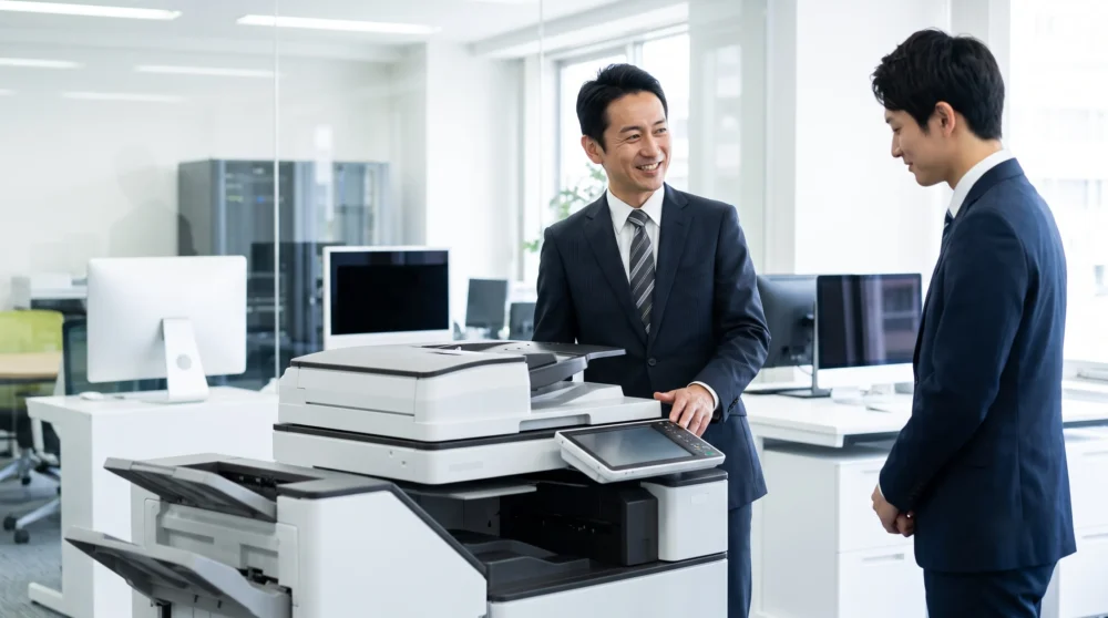 OA機器販売のM&Aや会社売却で事業承継を進めるため、オフィスで複合機を前に商談するスーツ姿の男性たちのイメージ