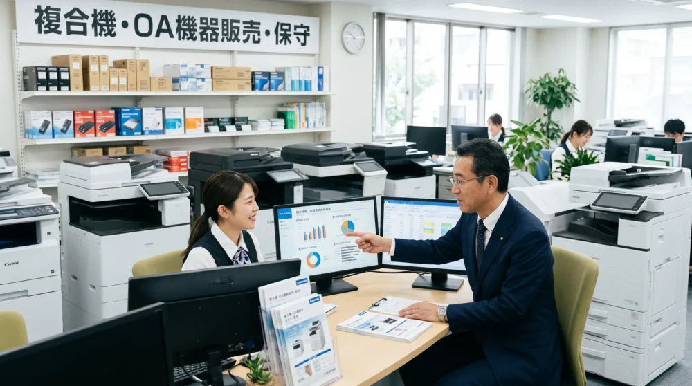 OA機器販売業界のM&A・会社売却に向けて、経営者が従業員と将来の事業戦略を話し合うオフィスの様子を表す実写風画像。