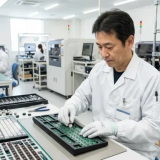 PC周辺機器メーカーのM&A・会社売却で、熟練の技術と生産体制を継承する事業承継のイメージ。製造現場での組み立て作業。