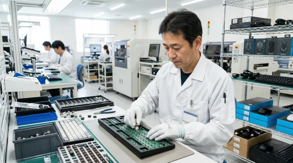 PC周辺機器メーカーのM&A・会社売却で、熟練の技術と生産体制を継承する事業承継のイメージ。製造現場での組み立て作業。