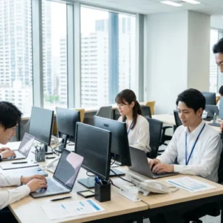 SES会社のオフィスでPCに向かうエンジニアと経営者の様子。M&Aや会社売却による事業承継のイメージ。