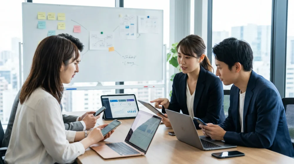 若手スタッフがスマートフォンやタブレットを囲み戦略を練る、SNS会社のM&A・会社売却による事業承継のイメージ写真