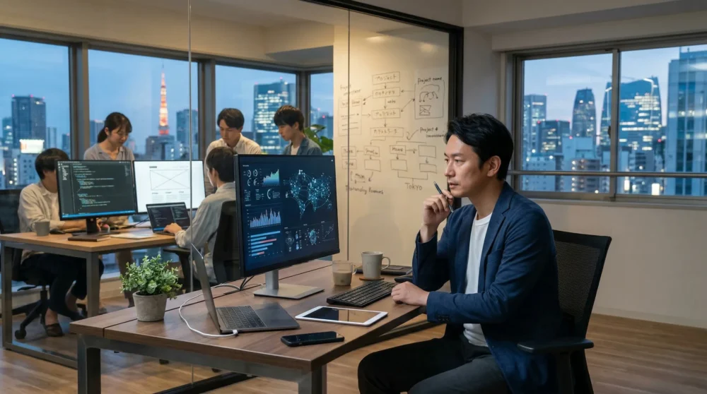 Webサービス業界の会社売却やM&Aによる事業成長を描く、現代的なオフィスで働く日本人経営者と従業員の様子