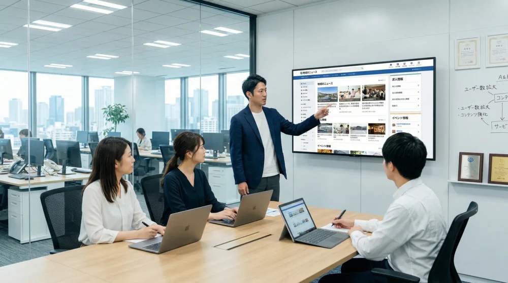 Webポータルサイトの運営実績をモニターで示し、M&Aや会社売却を検討する経営者が従業員と会議をする様子