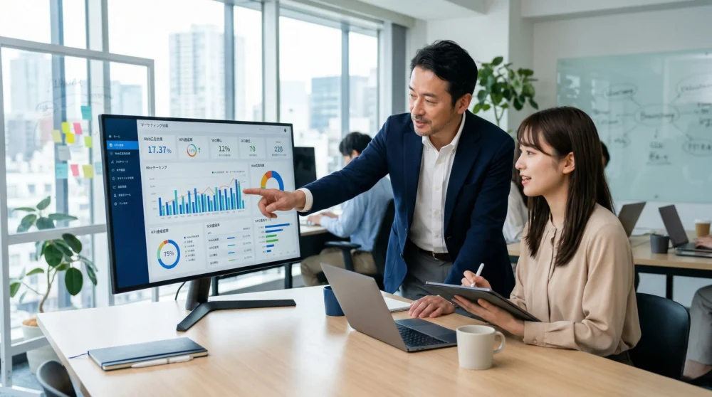 M&Aや会社売却を検討するWebマーケティング会社オーナーへ。事業継承を象徴する、活気あるオフィス風景。