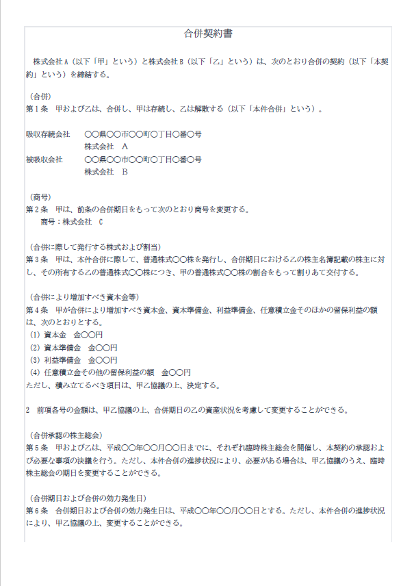 吸収合併契約書の雛型・テンプレート(法定記載事項のサンプル)