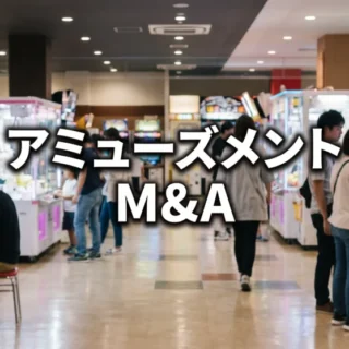 カラフルなゲーム機が並ぶ自然なアミューズメント施設風景と中央に文字を配置したM&Aサムネイル画像。