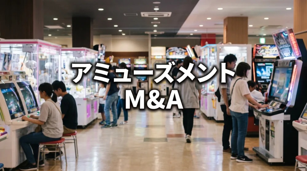カラフルなゲーム機が並ぶ自然なアミューズメント施設風景と中央に文字を配置したM&Aサムネイル画像。
