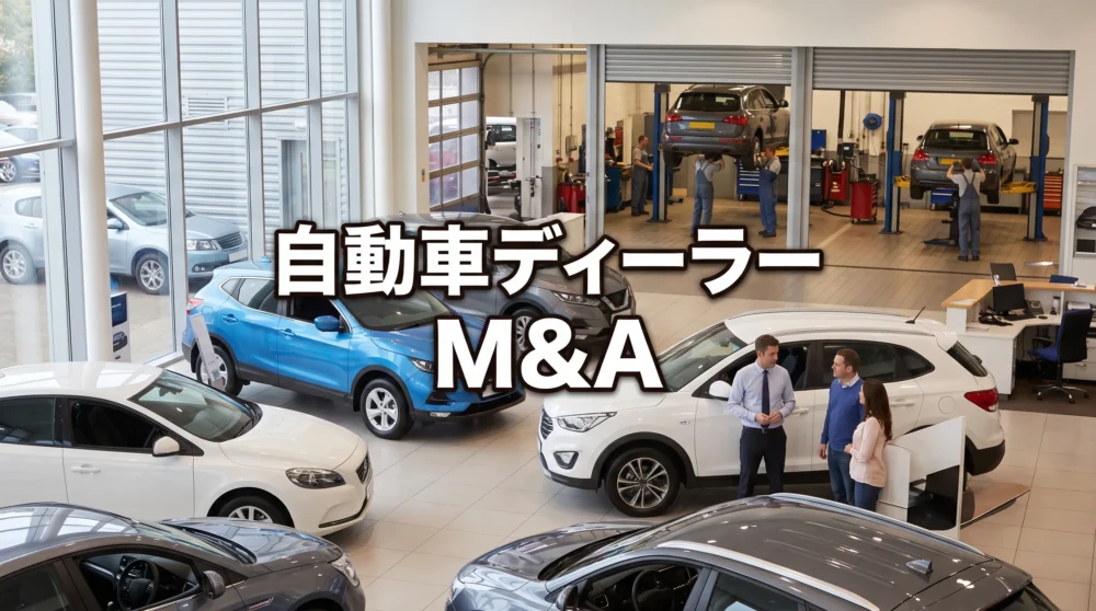 自動車ディーラーの展示場と整備工場で商談や作業を行う現場写真風サムネイル画像
