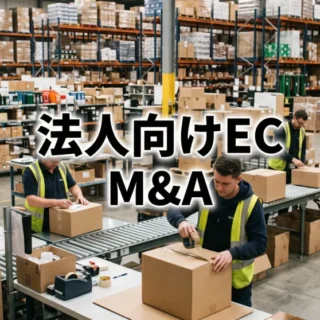 法人向けEC事業のM&Aを象徴する、大規模な物流倉庫内での梱包作業風景のサムネイル画像。