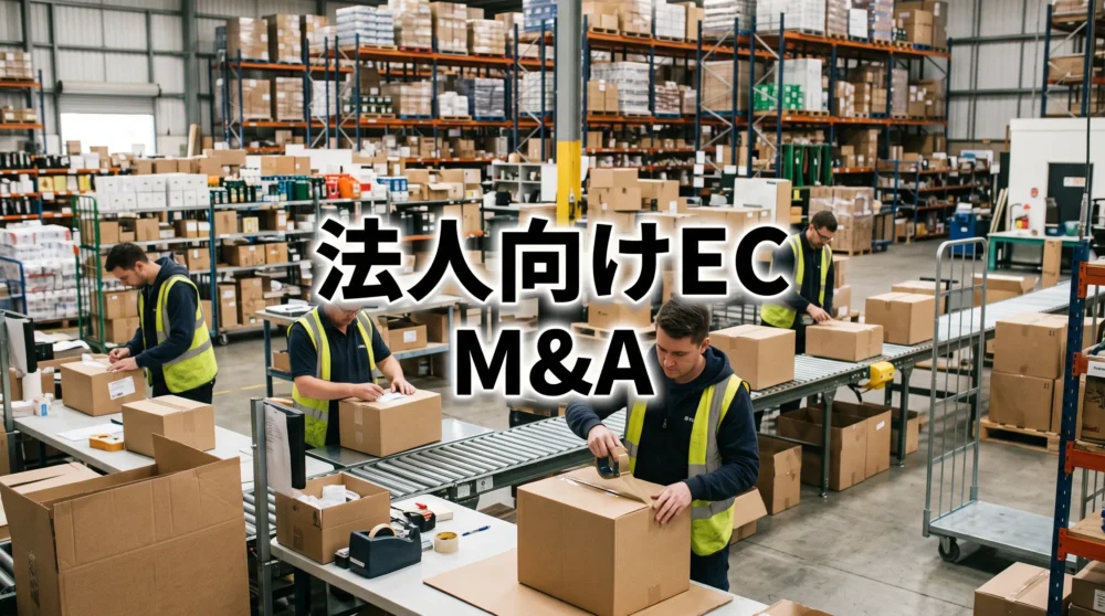 法人向けEC事業のM&Aを象徴する、大規模な物流倉庫内での梱包作業風景のサムネイル画像。