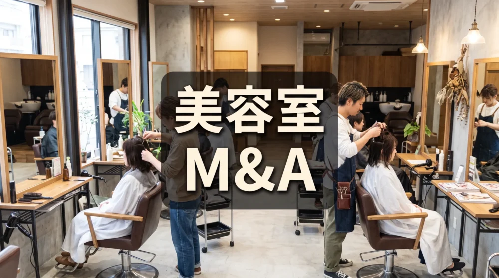 美容室の店内でスタイリストが客の施術を行っている風景に「美容室 M&A」と文字が入った画像