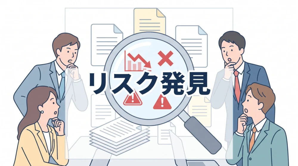 M&Aのデューデリジェンスで、買い手が書類を精査し、隠れた経営リスクや課題を発見する様子のイメージイラストです。