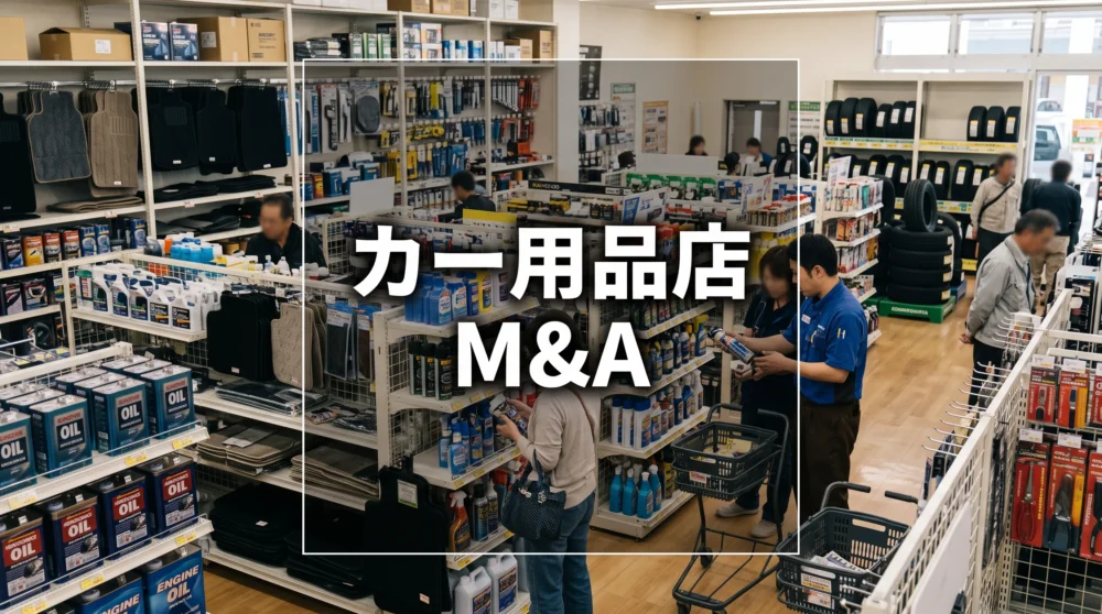 タイヤやエンジンオイルなどの自動車関連商品が豊富に並ぶカー用品店の店内風景と「カー用品店 M&A」の文字。