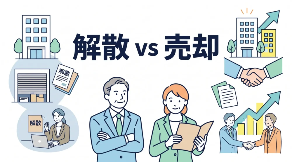 会社解散と会社売却の違いを比較し、中小企業オーナー経営者にとって最適な選択肢をわかりやすく解説した画像。