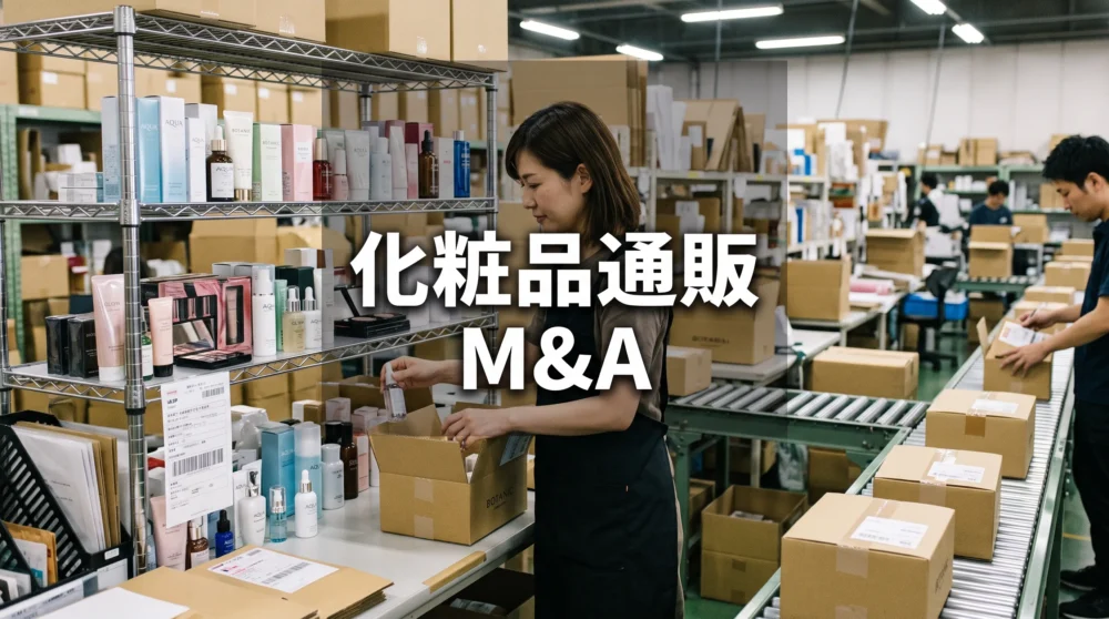 化粧品通販の配送倉庫で商品を段ボールに梱包する作業風景と「化粧品通販 M&A」のテキスト