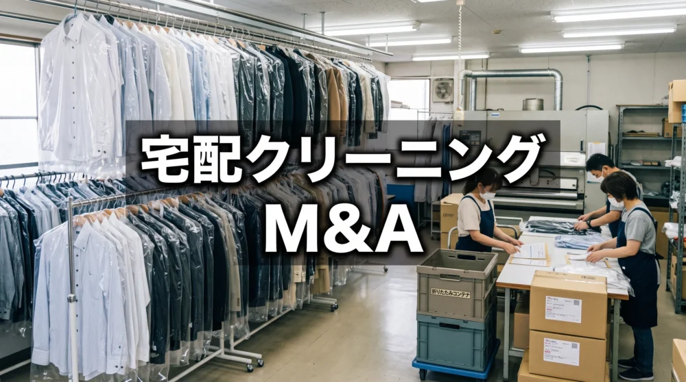 宅配クリーニング工場で、仕上がった多数の衣類が並ぶ中、発送用の梱包や伝票整理を行う従業員たちの様子。