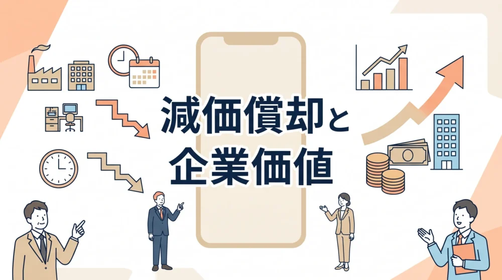 減価償却と企業価値の関係をテーマに、工場やグラフのイラストとビジネスパーソンを描いたM&A解説用画像。