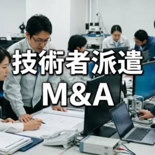 オフィスのデスクで設計図やPC画面を囲み打ち合わせを行う技術者たちと「技術者派遣 M&A」の文字