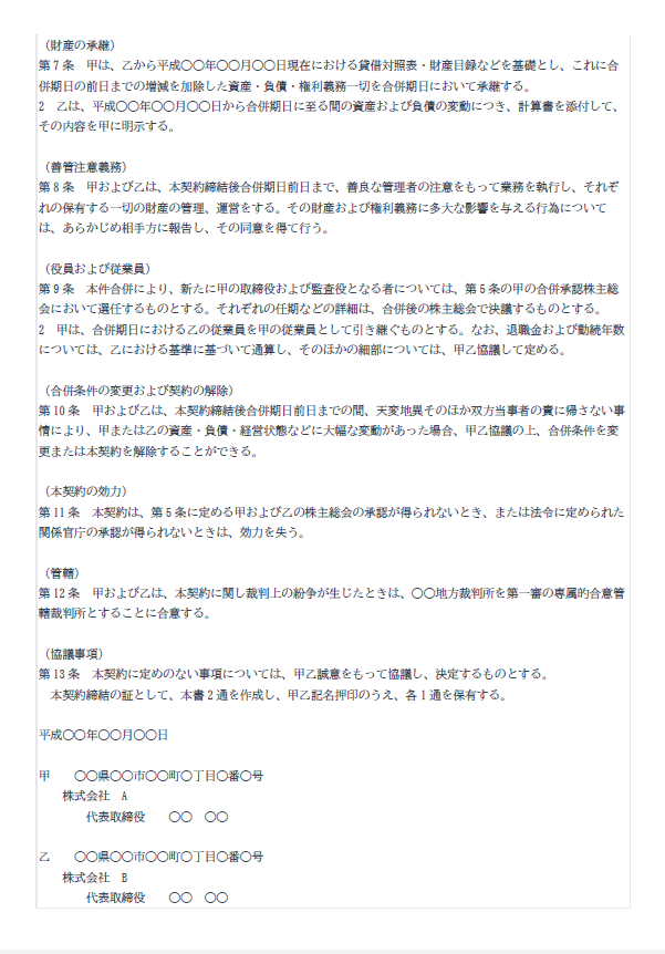 吸収合併契約書のひな形(財産の承継・役員・従業員の処遇・解約条件などの記載例)