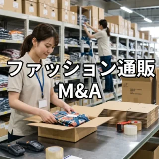 ファッション通販の物流倉庫で商品を梱包するスタッフの様子。アパレルM&Aを象徴する自然な現場写真。