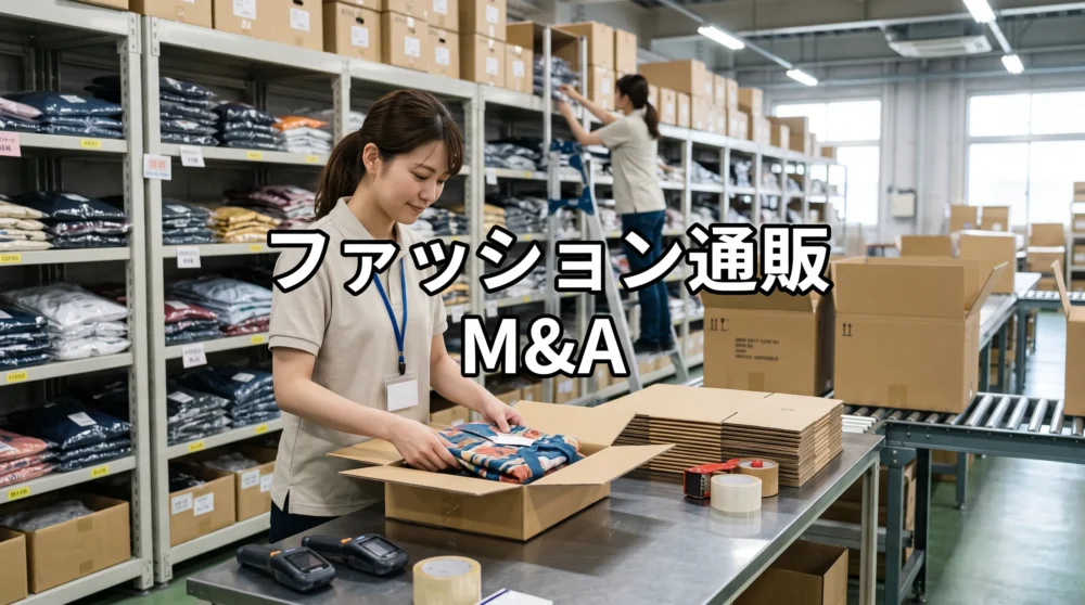 ファッション通販の物流倉庫で商品を梱包するスタッフの様子。アパレルM&Aを象徴する自然な現場写真。