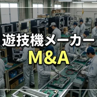 遊技機製造工場における開発・組立ラインと「遊技機メーカー M&A」の文字のサムネイル画像。