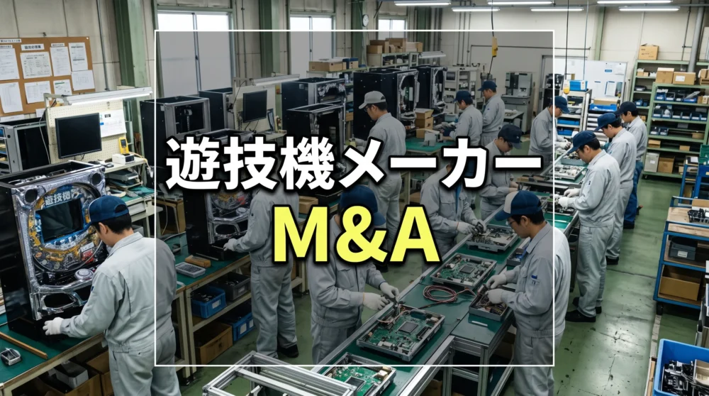 遊技機製造工場における開発・組立ラインと「遊技機メーカー M&A」の文字のサムネイル画像。