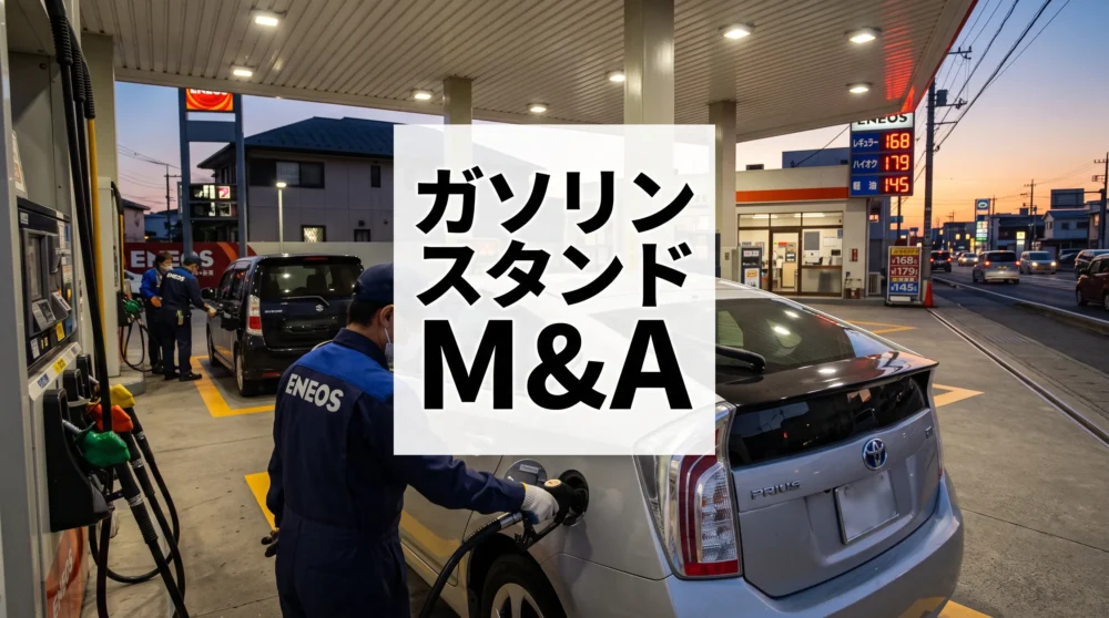 ガソリンスタンドでの給油風景の写真。中央に大きく「ガソリンスタンドM&A」と書かれた文字が配置されている。
