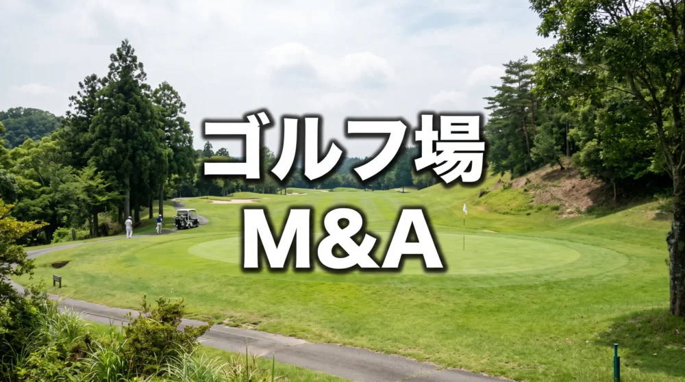 緑豊かなグリーンとコース風景が広がるゴルフ場の写真に、「ゴルフ場 M&A」の文字を配置したサムネイル画像。