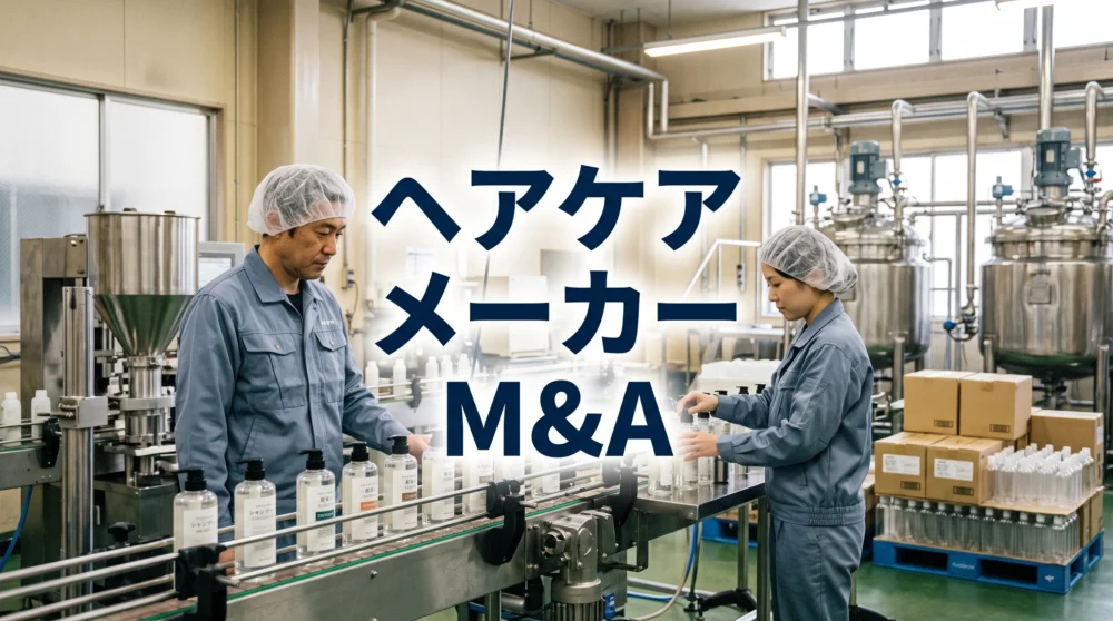 ヘアケアメーカーの製造工場でシャンプーなどの製品ラインを確認する作業員の風景。業界再編を加速するM&A仲介。