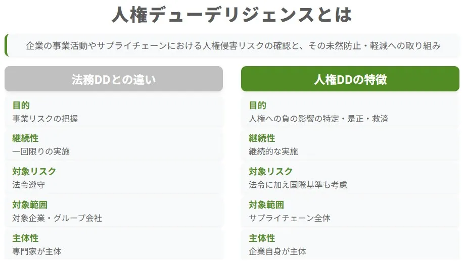 M&Aにおける法務デューデリジェンスと人権デューデリジェンス（人権DD）の違いを目的・継続性・対象リスク・対象範囲・主体性で比較した図解