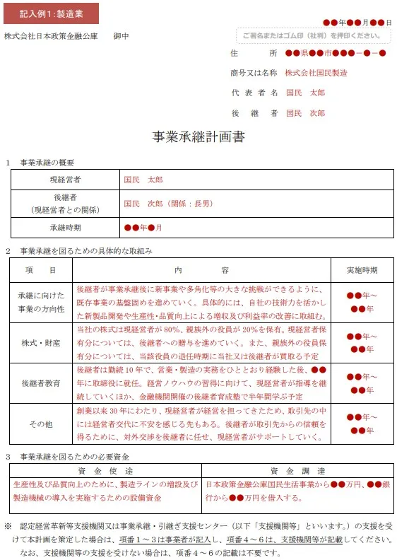 日本政策金融公庫が提示する製造業の事業承継計画書の記入例・ひな形