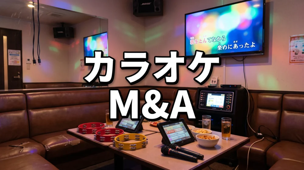 カラオケボックスの内観やマイクなどの設備を背景に、カラオケ業界のM&Aを表す見出し文字を配置した画像。